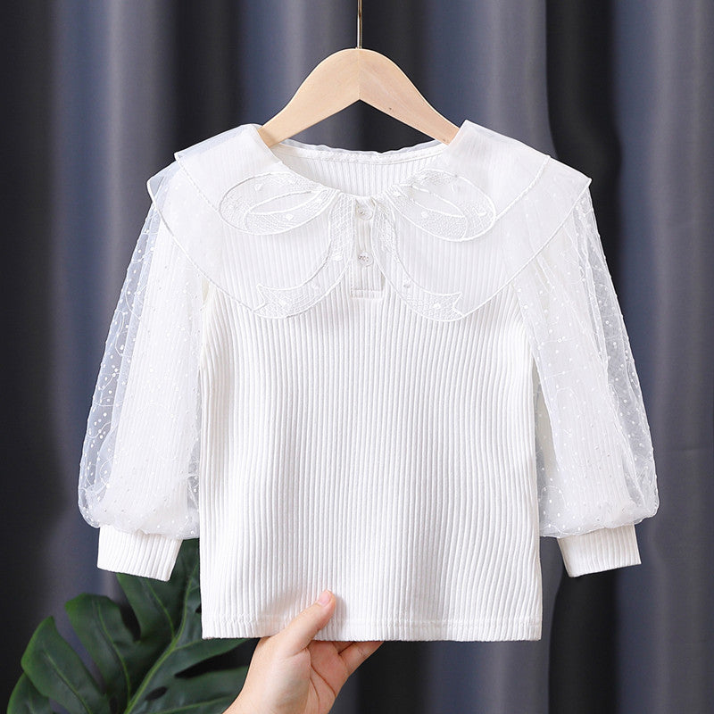 Elegant Women's Blouse with Puff Sleeves and Lace Collar