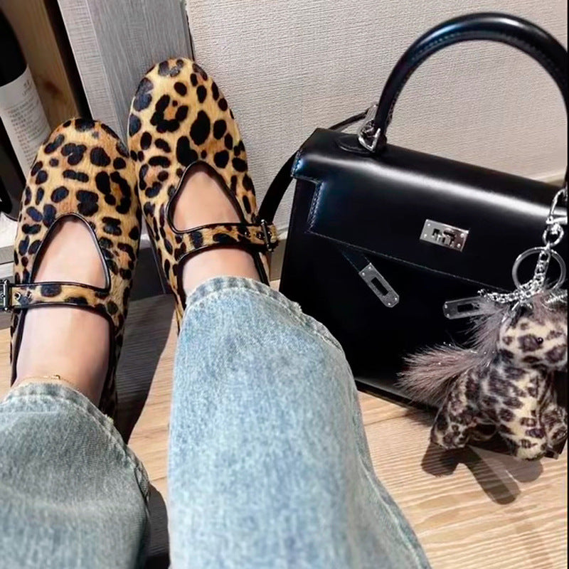 Women's Leopard Print Ballet Flats with Adjustable Strap