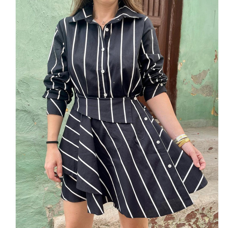 Casual Striped Shirt Dress with Asymmetrical Hem