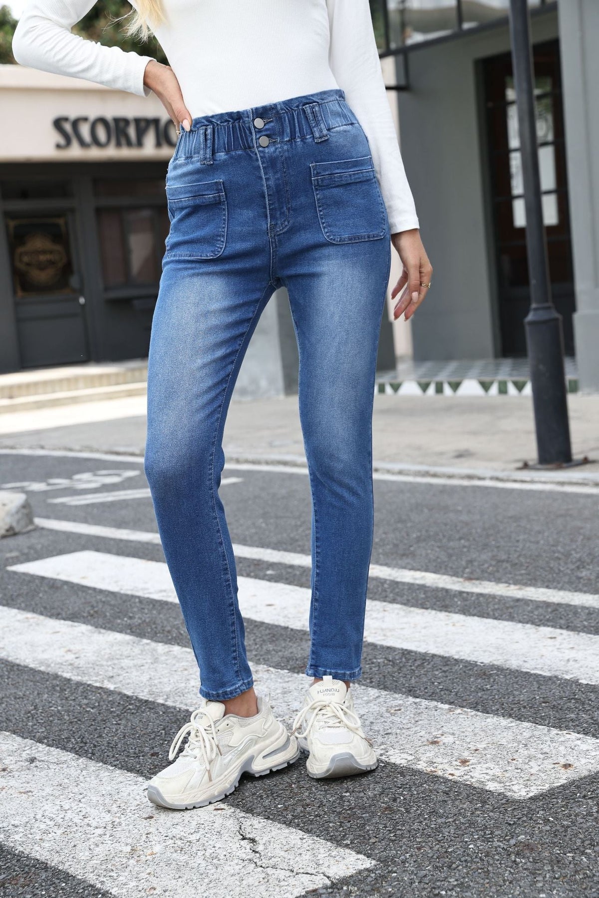 Women's High-Waist Jeans with Elastic Waist and Pockets