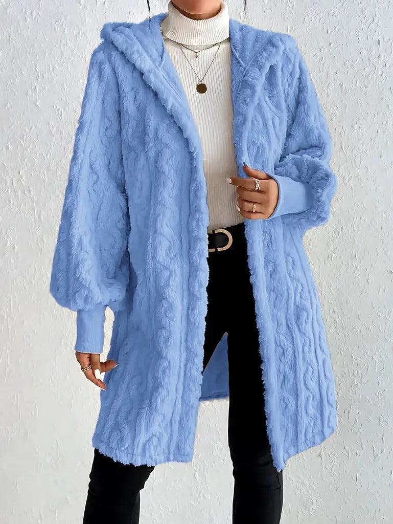 Women's Fluffy Oversized Cardigan with Hood and Pockets
