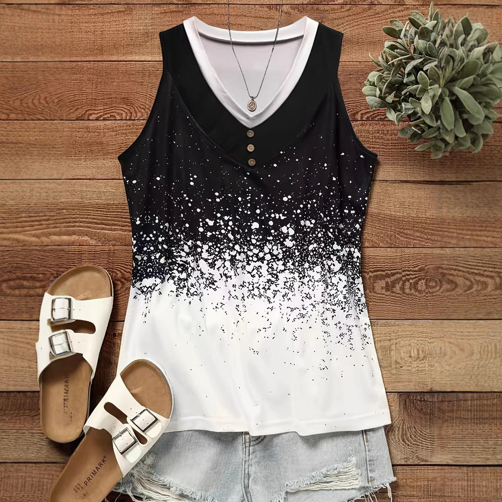 Women's Sleeveless Top with Button Placket and Stylish Gradient