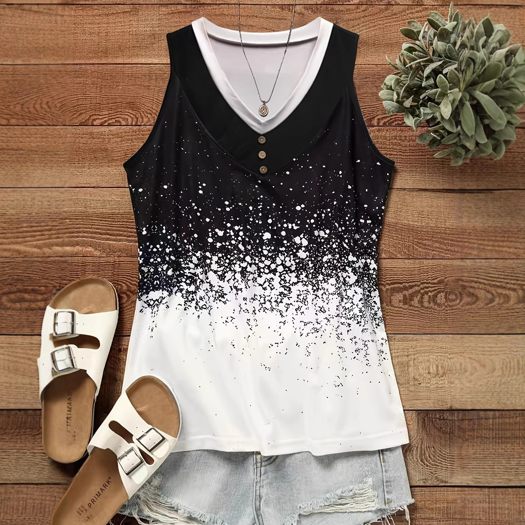 Women's Sleeveless Top with Button Placket and Stylish Gradient