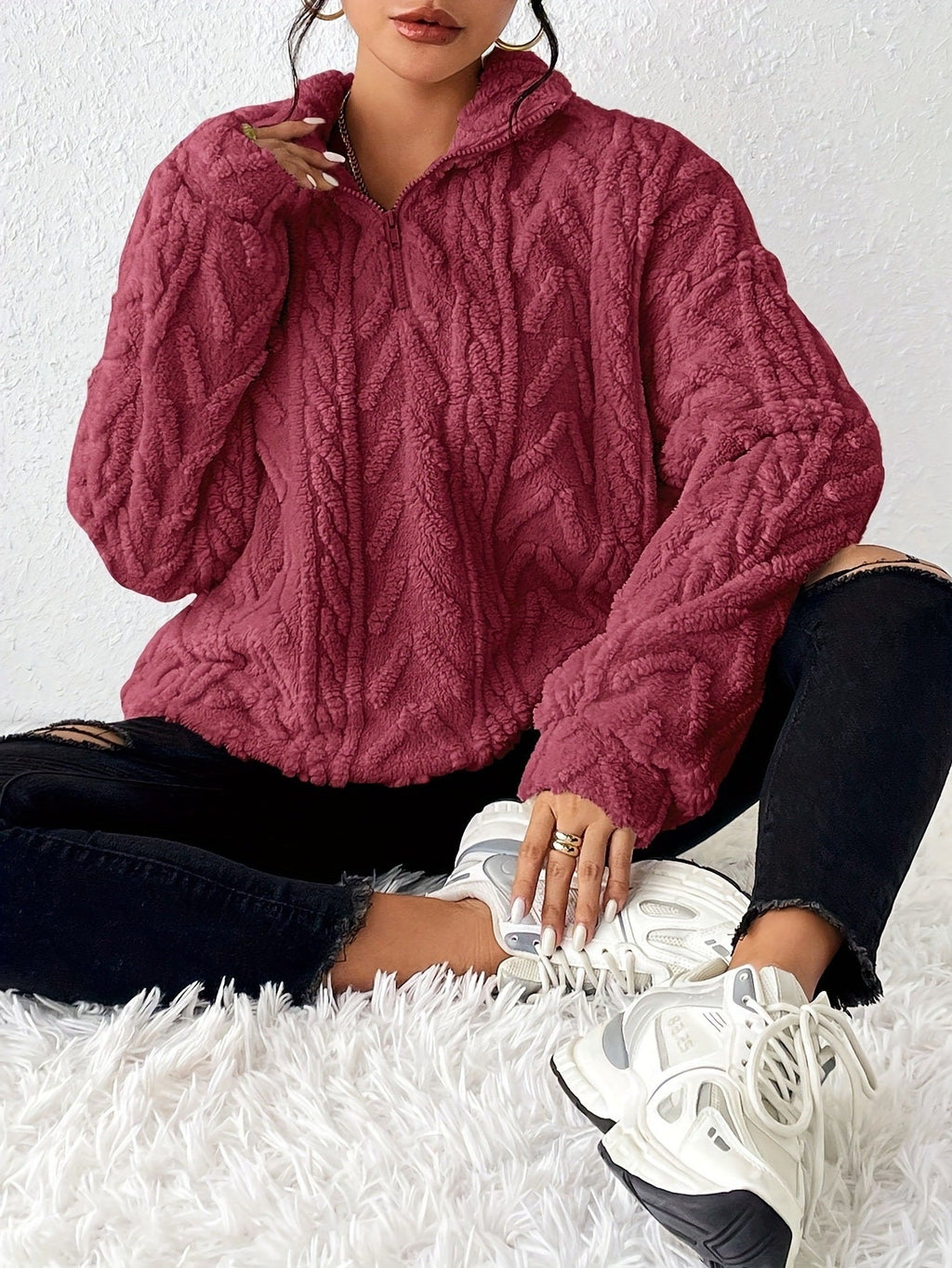 Women's High-Neck Textured Fleece Pullover