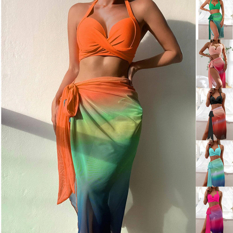 Women's Swimsuit Set with Colorful Wrap Skirt and Comfortable Top