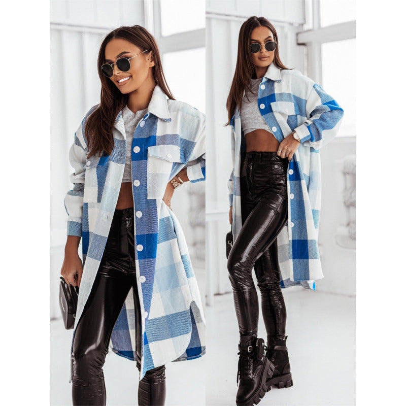 Women's Plaid Button-Front Coat with Rounded Hem