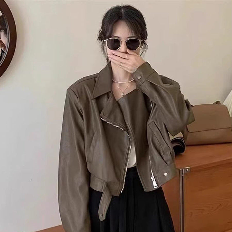 Women's Cropped Biker Jacket with Asymmetric Zipper