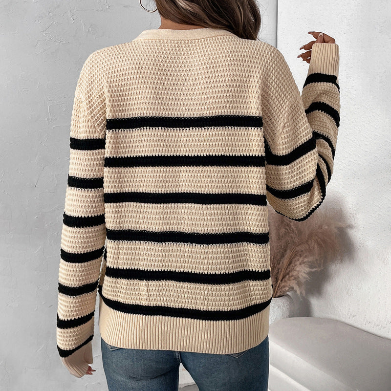 Women's Striped Knit Sweater with Button Placket and Casual Fit