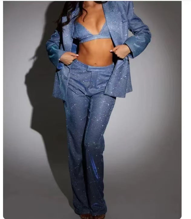 Glittering Suit Set with Crop Top and Flared Pants