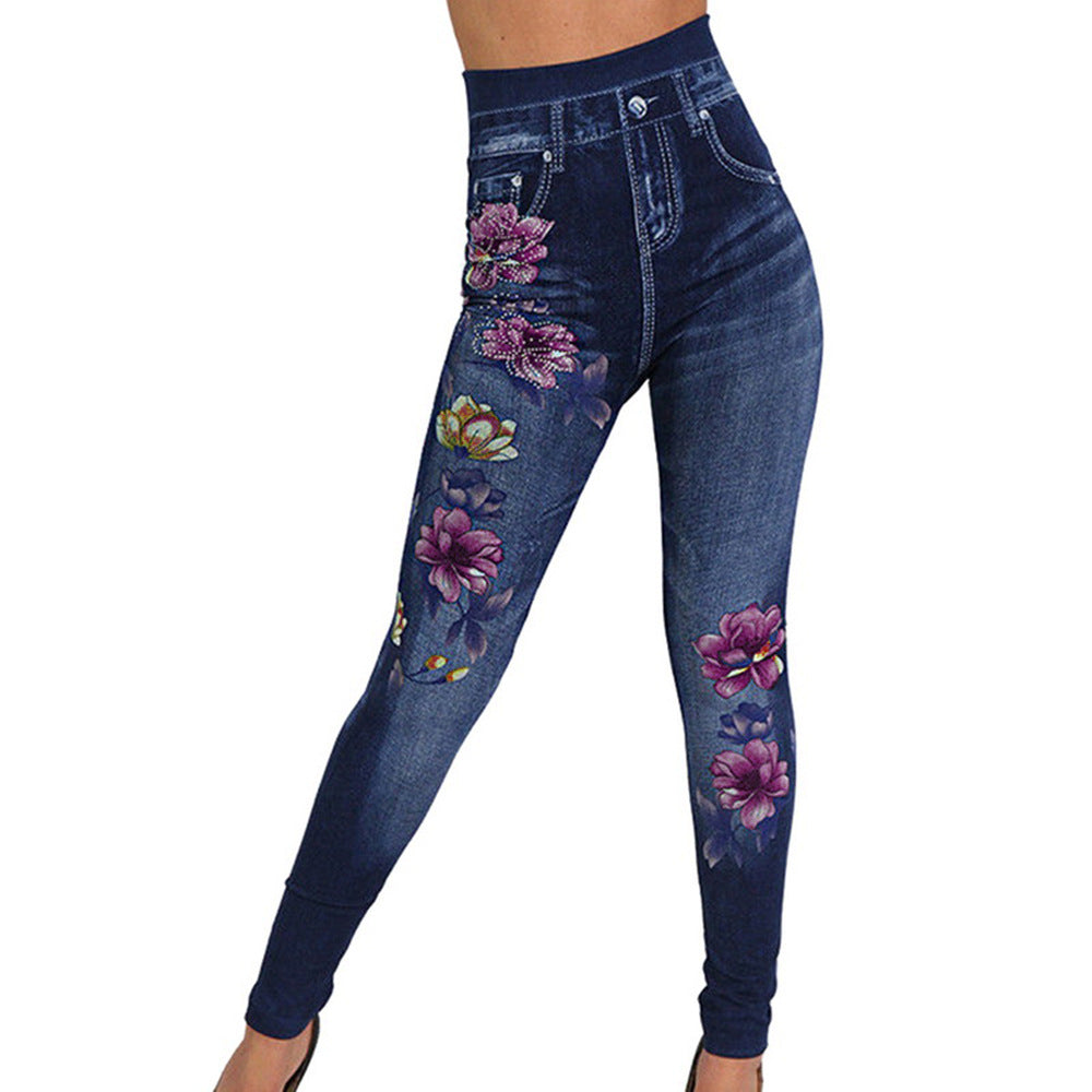 Women's High-Waisted Jeans-Look Leggings with Floral Motif