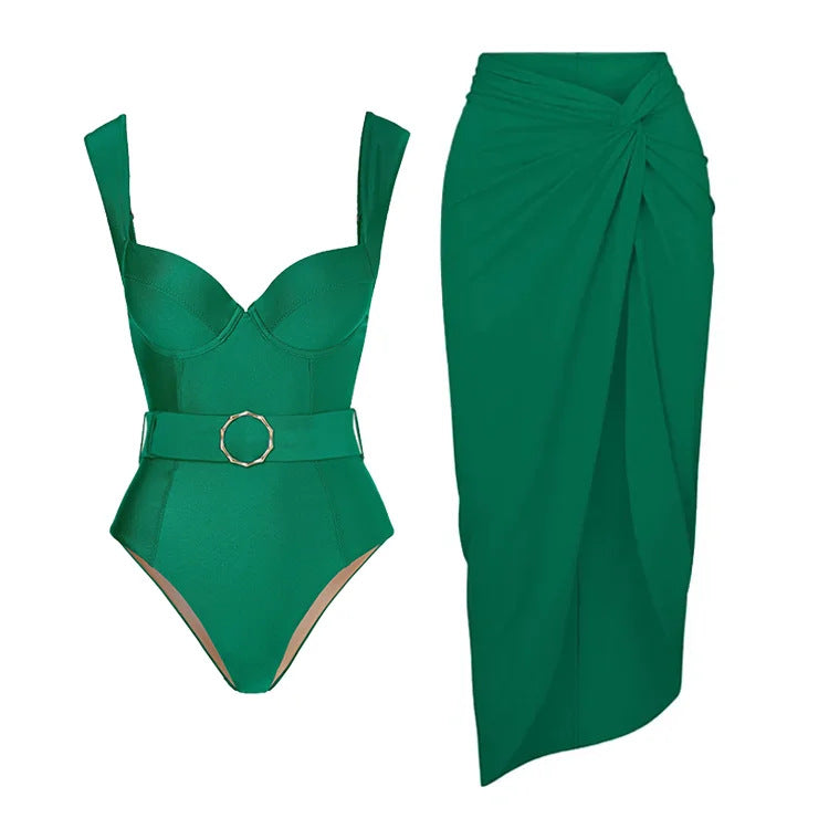 Women's Swimwear Set with Draping and Belt