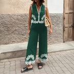 Women's Casual Two-Piece Summer Ensemble with Floral Crochet Trim