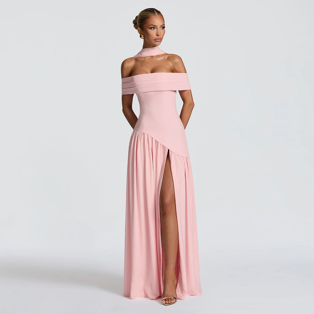 Women's Evening Dress with Chic Off-Shoulder Design and High Slit