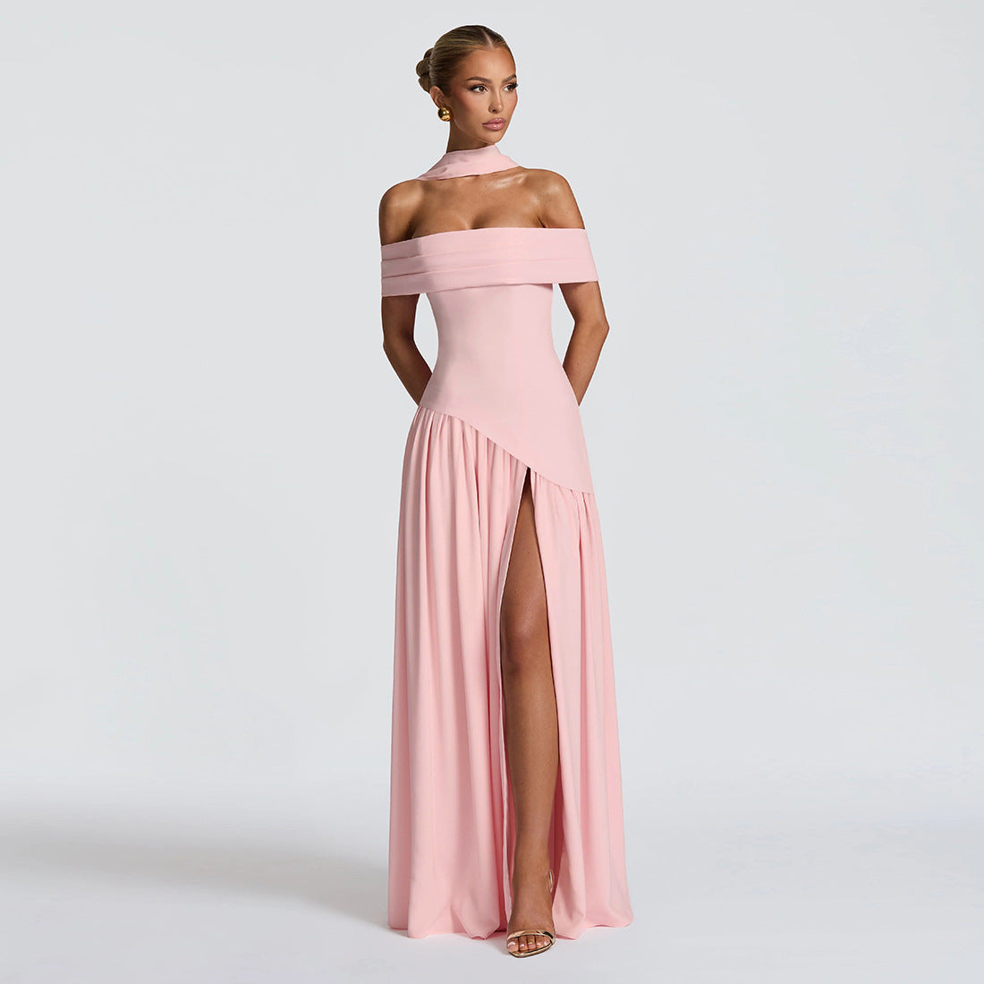 Women's Evening Dress with Chic Off-Shoulder Design and High Slit