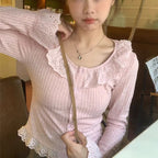 Women's Long-Sleeve Blouse with Lace Collar and Decorative Ruffled Hem