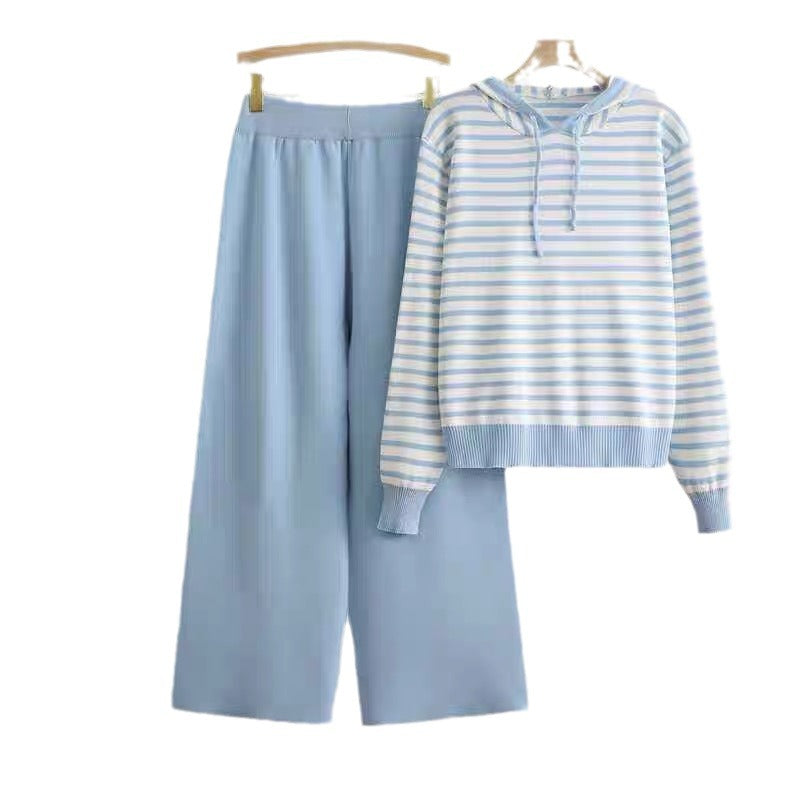 Women's Striped Casual Set with Hood and Wide Cut