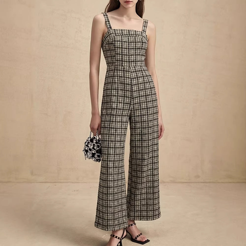 Women's Wide-Leg Jumpsuit with Fine Plaid Pattern