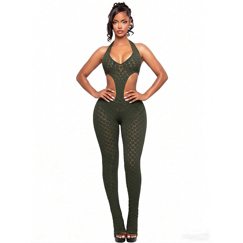Women's Cut-Out Bodycon Jumpsuit with Deep V-Neck and Crochet Texture