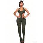 Women's Cut-Out Bodycon Jumpsuit with Deep V-Neck and Crochet Texture