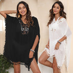 Women's Airy Beach Poncho with Crochet Neckline and Fringe