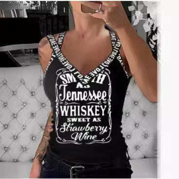 Women's Sleeveless V-Neck Top with Playful Lettering