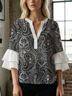 Women's Blouse with Voluminous Flutter Sleeves and Leaf Print