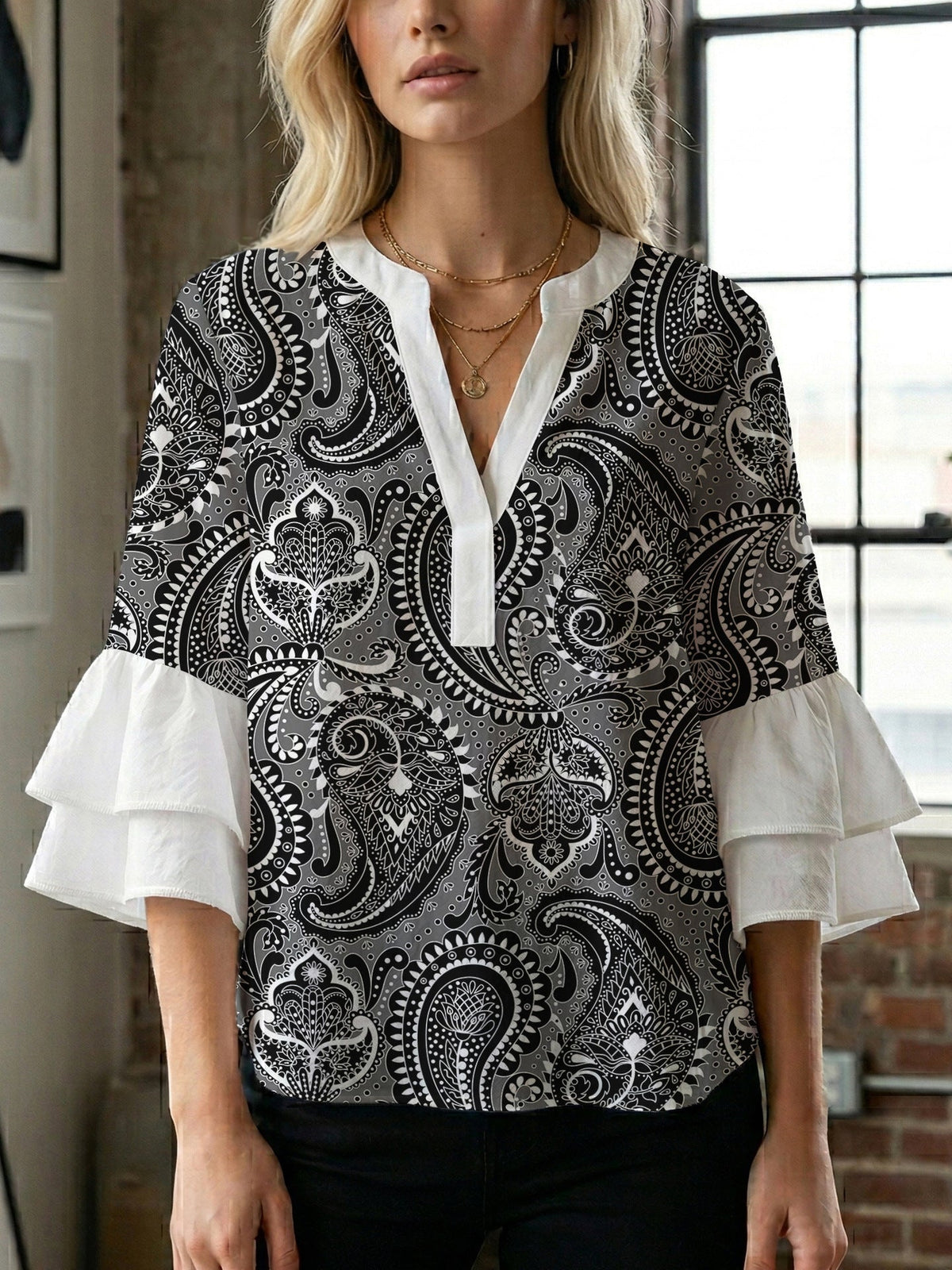 Women's Blouse with Voluminous Flutter Sleeves and Leaf Print