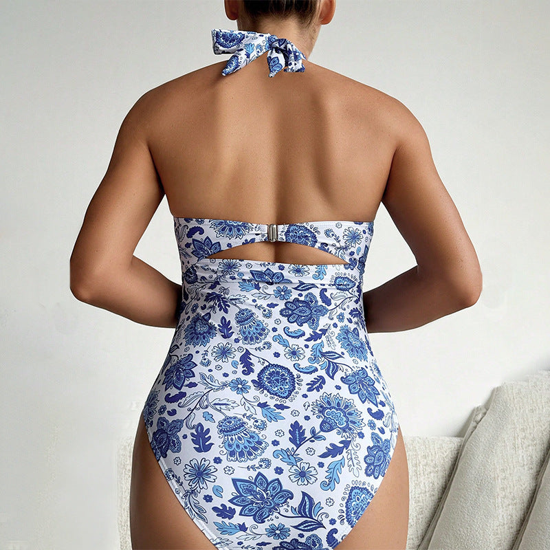 Women's Swim Dress with Fashionable Cut-Out and Chic Floral Pattern