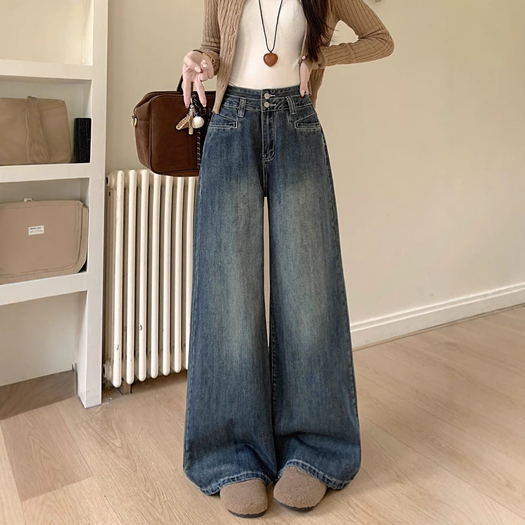 Women's Comfortable High-Waist Wide-Leg Jeans with Button Detail and Modern Pockets