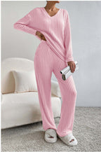 Women's Casual Ribbed Loungewear Set with V-Neck