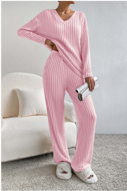 Women's Casual Ribbed Loungewear Set with V-Neck