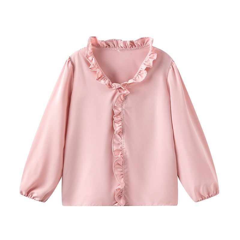 Women's Blouse with Ruffle Details and Stand-up Collar