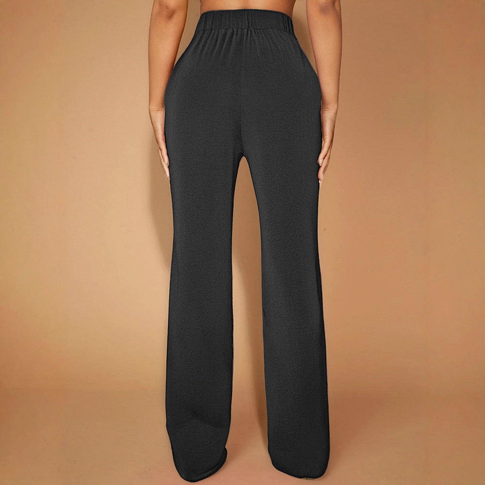 Women's Elegant High-Waisted Fabric Pants with Diagonal Seams and Decorative Belt
