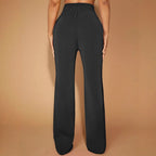 Women's Elegant High-Waisted Fabric Pants with Diagonal Seams and Decorative Belt