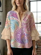 Women's Blouse with Voluminous Ruffle Sleeves and Floral Design