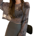 Women's Cropped Sweatshirt with Modern Tie-Dye Design, Wide Sleeves, and Crew Neck