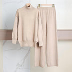 Women's Cozy Knit Ensemble with High Collar and Wide-Leg Pants
