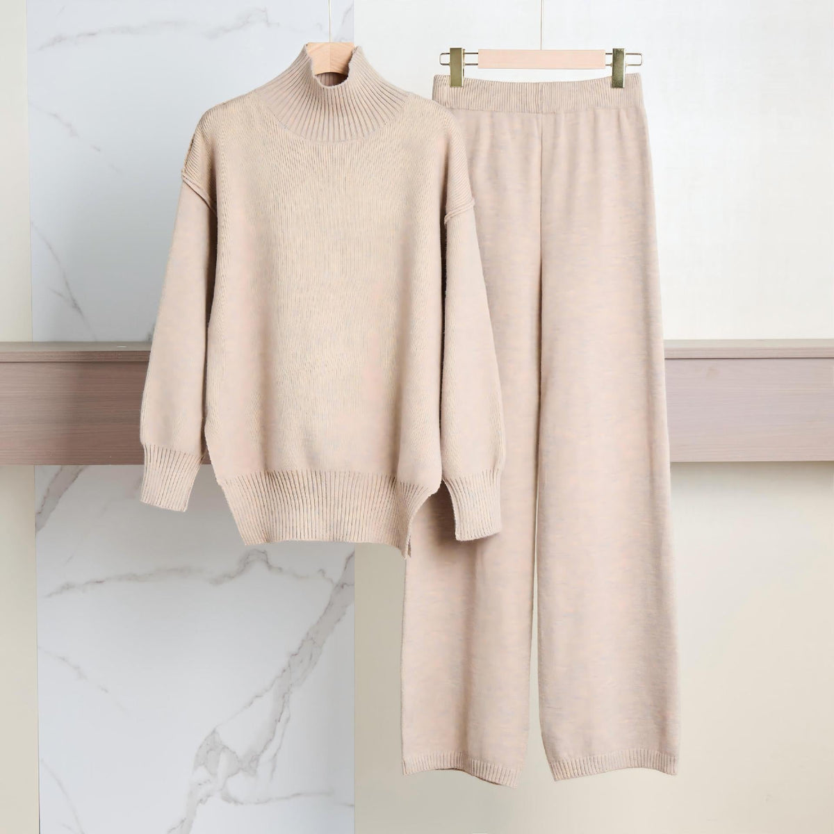 Women's Cozy Knit Ensemble with High Collar and Wide-Leg Pants