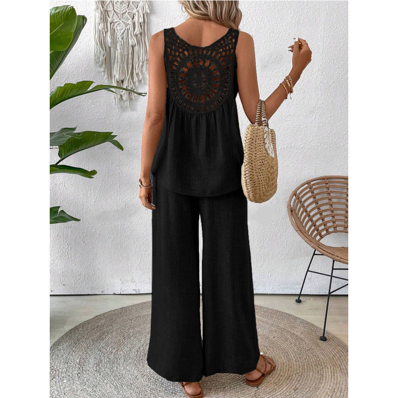 Women's Fashionable Two-Piece Set with Wide-Leg Pants and Sleeveless Top