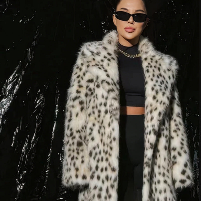 Women's Luxurious Faux Fur Coat with Leopard Print