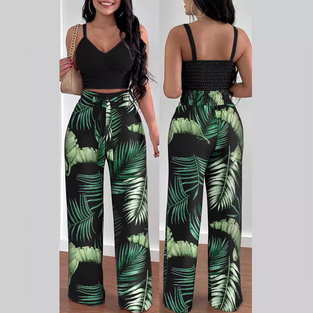 Women's Casual Floral Ruffled Top and Wide-Leg Pants Set