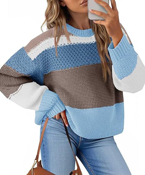 Women's Chunky Knit Sweater with Color Block Design and Oversized Fit