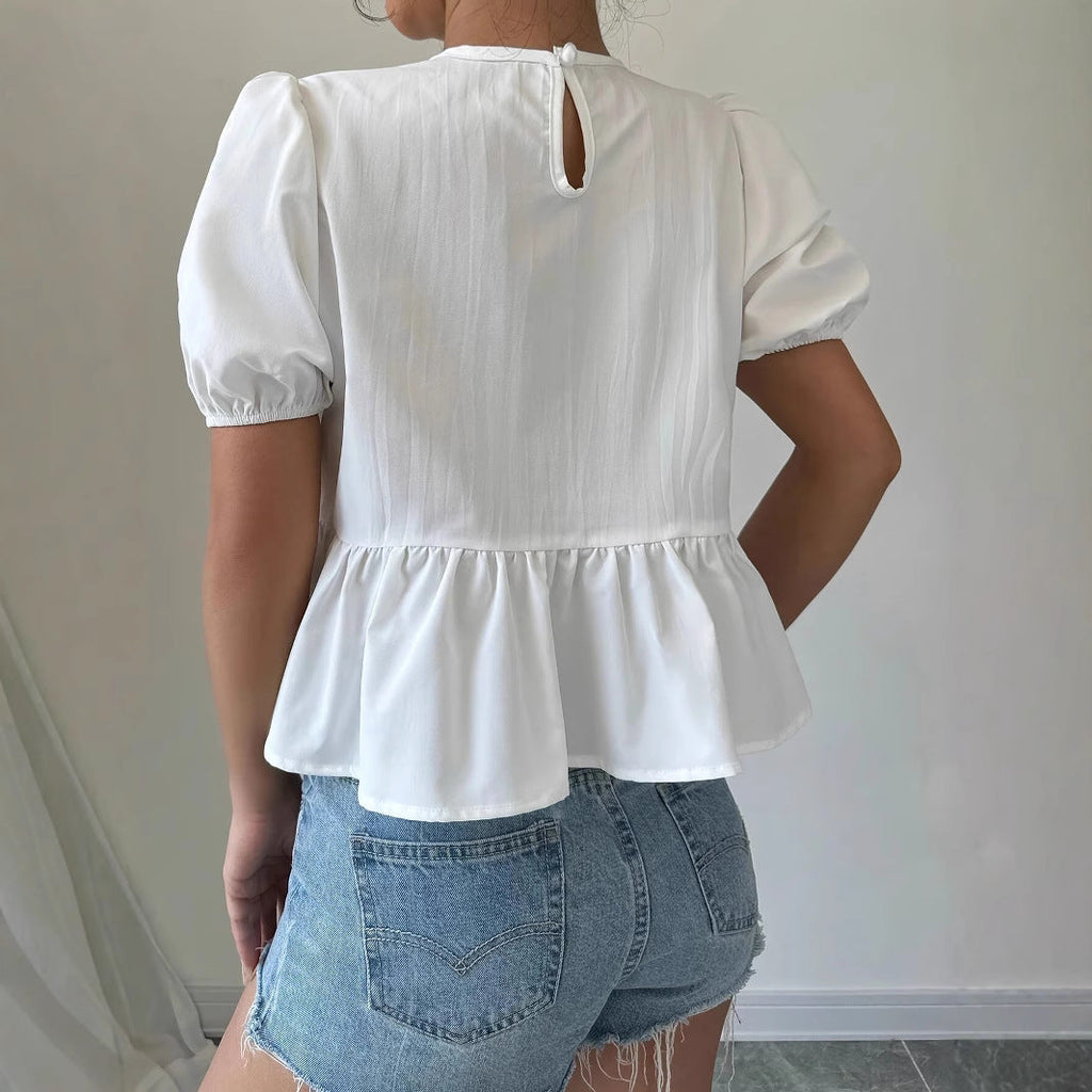 Women's Blouse with Puff Sleeves and Ruffle Design