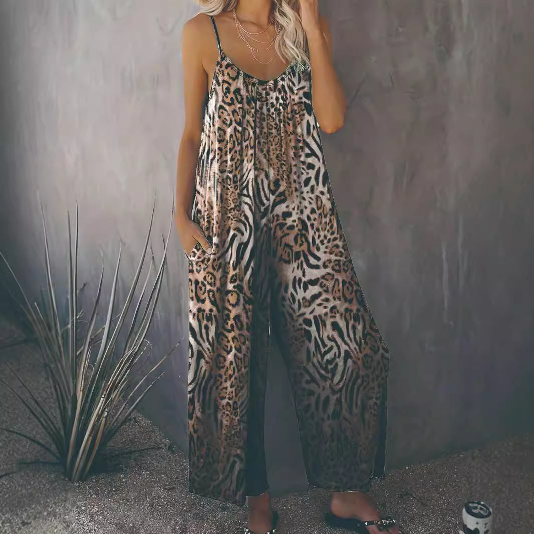 Women's Loose Jumpsuit with Animal Print and Pockets