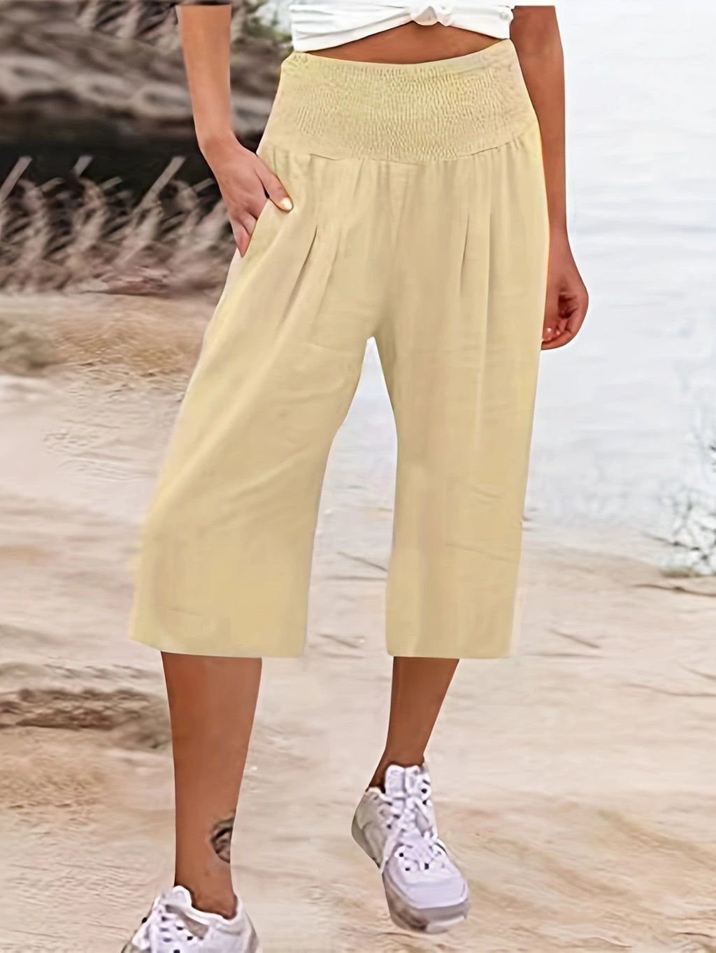 Women's Elegant Culottes with Elastic Waistband and Pockets