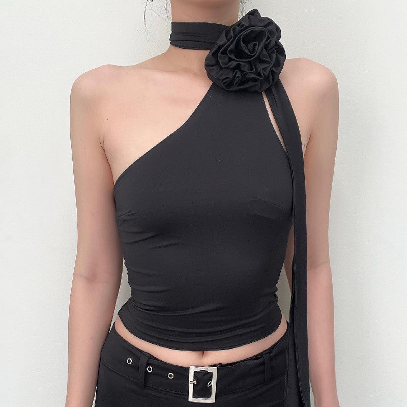 Women's Asymmetrical Top with Floral Appliqué and Adjustable Strap