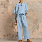 Women's Airy Two-Piece Set with Modern Collar and Zipper