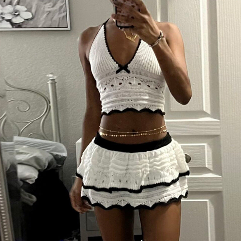 Women's Crop Top and Skirt Set with Decorative Crochet Pattern
