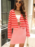 Women's Striped Cropped Knit Cardigan with Decorative Buttons