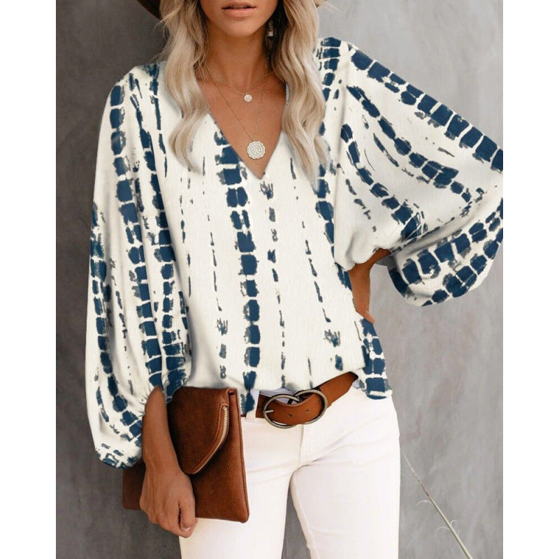 Women's Blouse with Wide Puff Sleeves and V-Neck